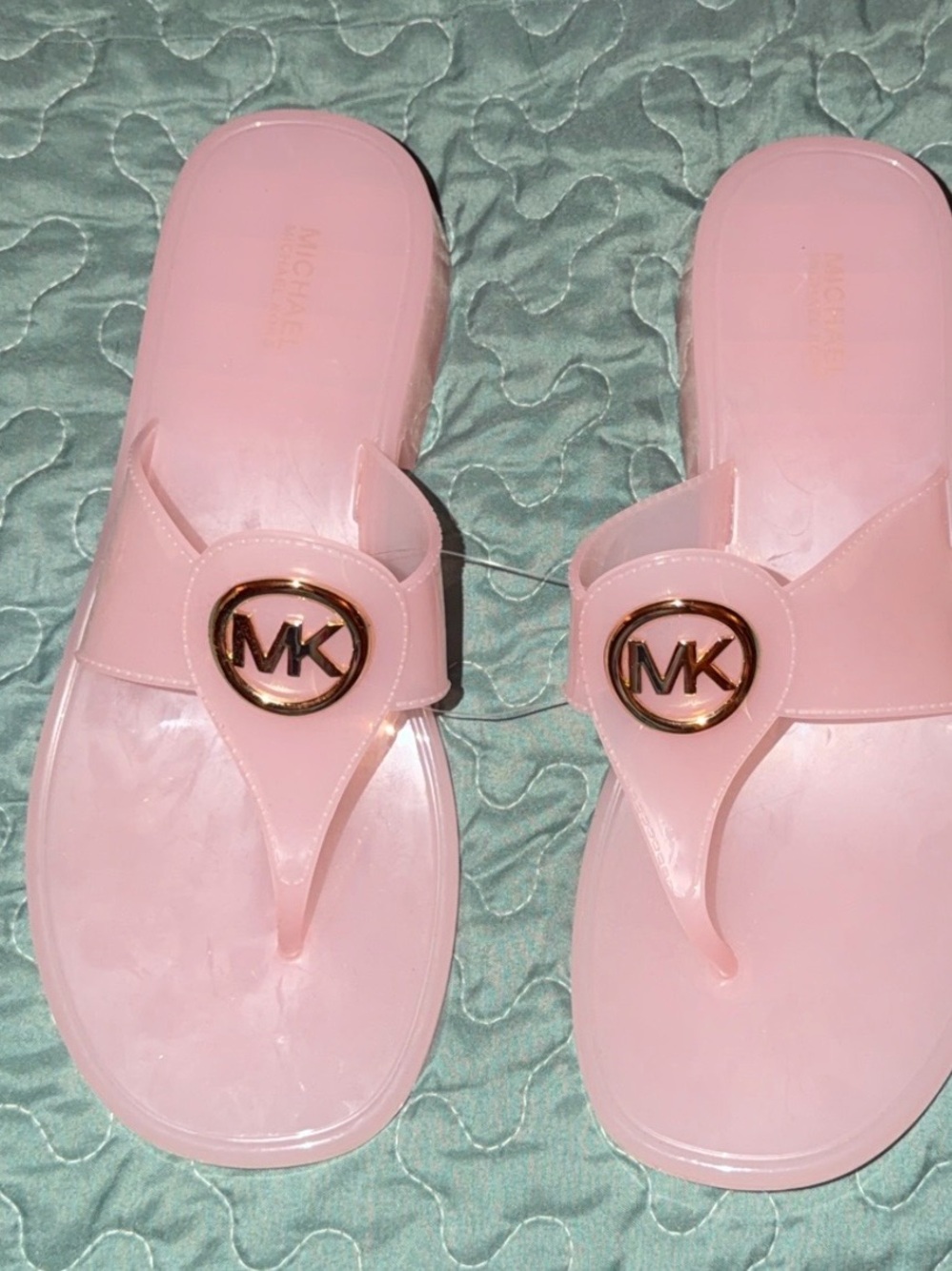 Michael Kors Pink Logo Jelly Thong Sandals with Gold MK Emblem